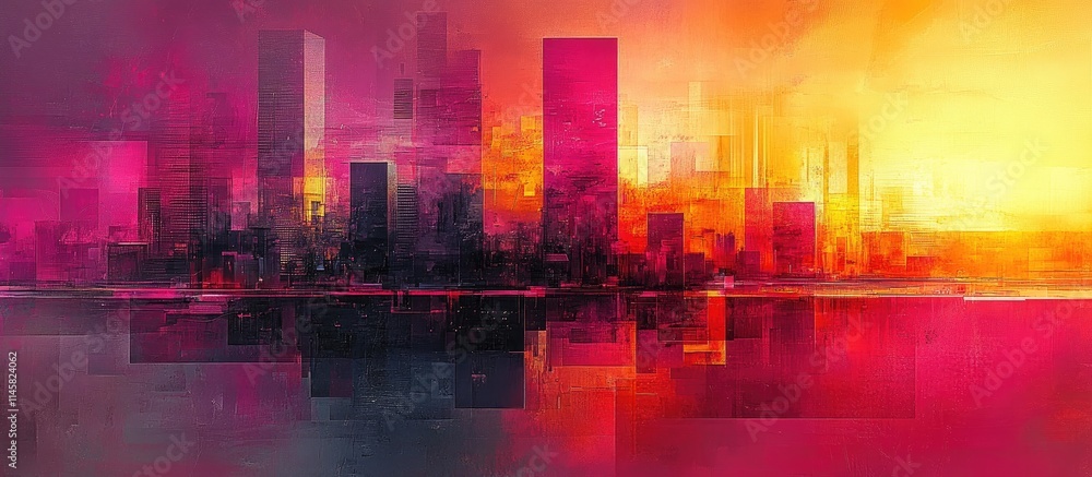 Aufkleber dynamic colorful cityscape at sunset with reflections and abstract architectural forms