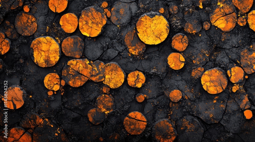 Poster textured bark background with circular patterns in vibrant orange and dark tones creating a unique v
