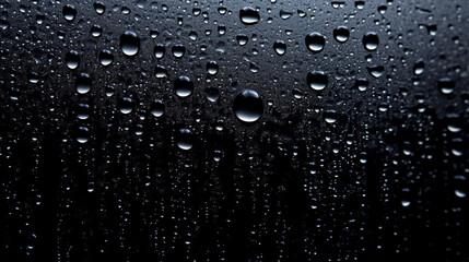 Water drops on black background. Rain condensation, raindrops or glass spheres on dark window surface. Abstract wet texture, backdrop, graphic template for ads design, Realistic 3d vector illustration