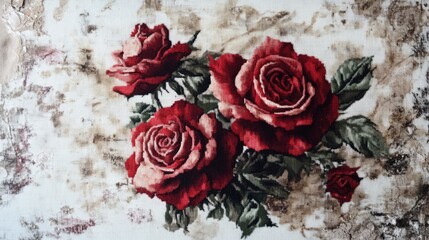 Embroidered roses cross stitch artwork showcasing vibrant flowers and intricate detailing on a textured background.