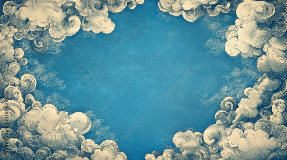 Poster vintage blue background adorned with decorative clouds in soft hues creating a serene and artistic a