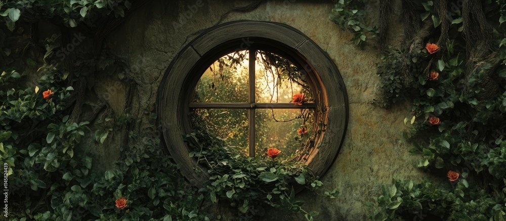 Aufkleber nature framed by a circular window adorned with vines and flowers creating a serene and enchanting o