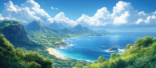 Vibrant coastal landscape with lush green mountains, azure sea, and picturesque clouds under a bright blue sky. Perfect for nature themes.