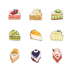 Handdrawn cakes topping with fresh fruits and berries illustration set, flat hand drawn style, illustrations set. graphic design elements, Ingredients color cliparts