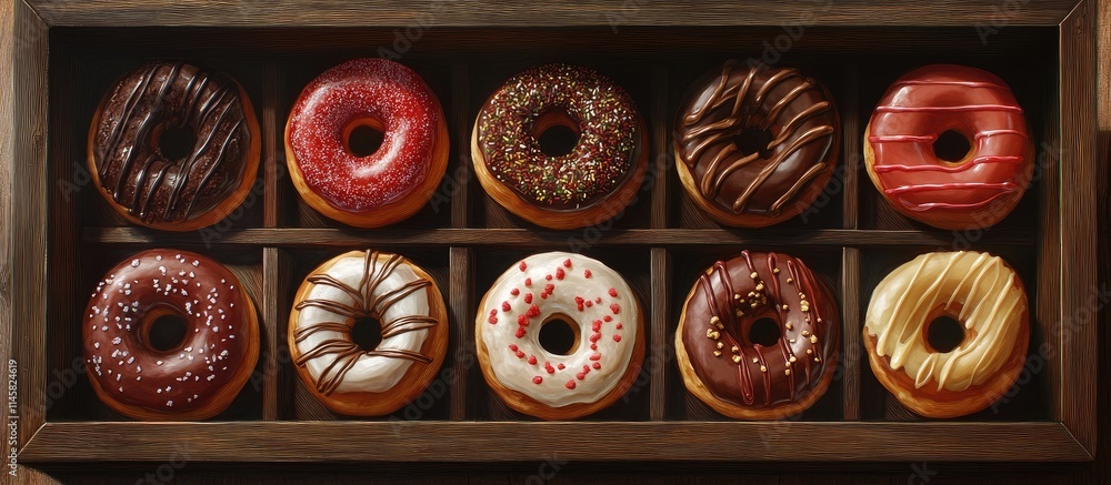 Poster box of assorted donuts with various flavors and toppings arranged neatly in a wooden display for a t