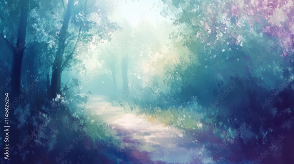 Poster dreamy forest pathway with soft hues and blurred background creating a serene and tranquil natural s
