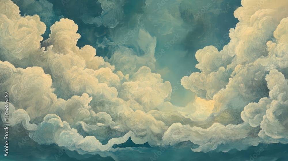 Poster dramatic sky with fluffy clouds illuminated by soft light creating a serene atmospheric background f
