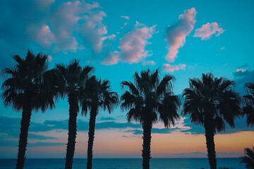 A group of palm trees in the foreground, a blue sky and clouds in the background,