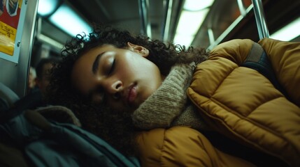 Diverse Passengers Aboard Brightly Lit Subway Train with Vibrant Advertisements