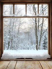 Wooden window frame winter snow covered trees