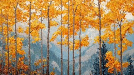 Obraz premium Autumn landscape featuring tall trees with vibrant yellow leaves against a tranquil mountainous backdrop
