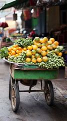Vibrant Fruit Cart: Oranges, Limes, and Greens in Asian Market