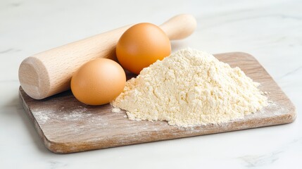 Fototapeta premium A wooden rolling pin rests beside two eggs and a heap of flour on a cutting board, perfect for food photography, recipe blogs, or cooking guides highlighting baking essentials,