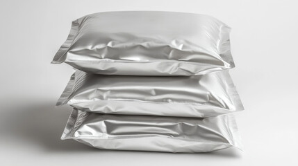 Foil and plastic bags mockup, blank white, transparent and silver metallic colored pillow packages for food production, snack, chips or cookies, isolated design element Realistic 3d vector mock up set