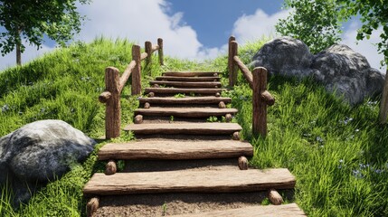 Obraz premium Wooden stairs leading through lush greenery to a serene hilltop under a bright blue sky offering a peaceful outdoor experience