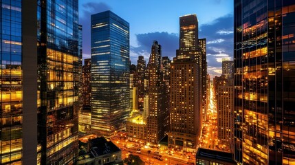 A vibrant city skyline, tower, background at twilight, showcasing illuminated buildings and bustling streets.