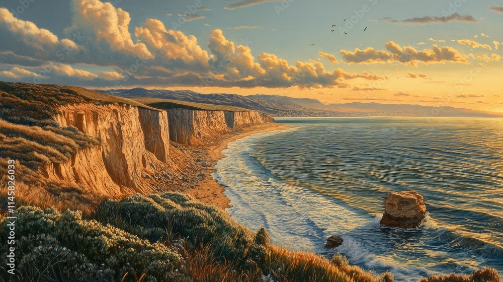 Poster serene coastal cliffs illuminated by golden hour light with gentle waves and a clear sky in a tranqu