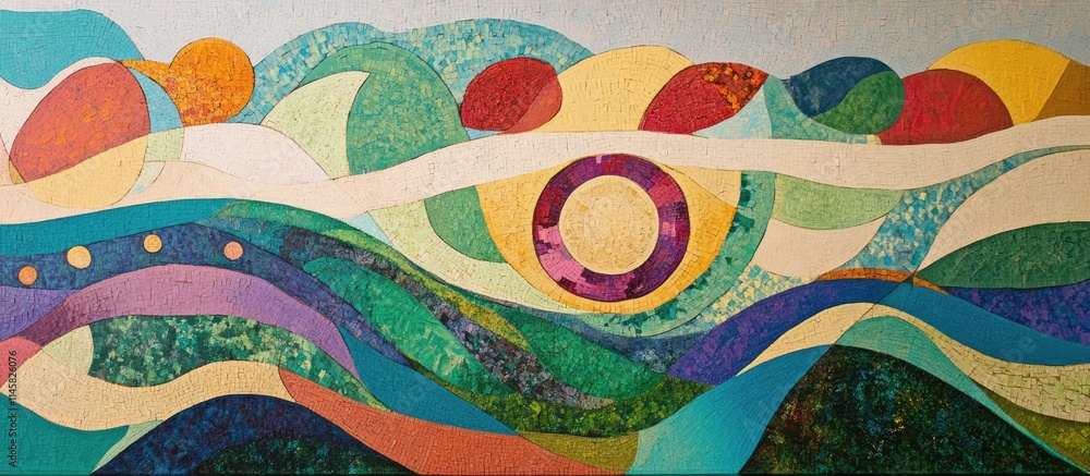 Poster aerial abstract landscape featuring colorful waves and circular elements in a vibrant artistic style