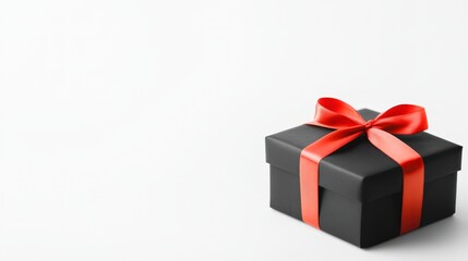 A beautifully wrapped black gift box adorned with a vibrant red ribbon, ideal for showcasing luxury or surprise elements in marketing materials, greeting cards, or holiday promotions,