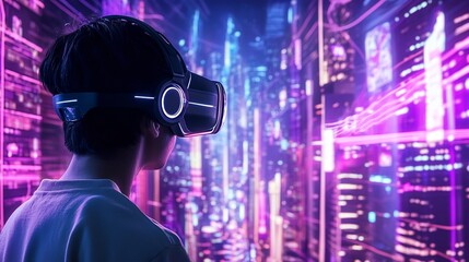 Futuristic Cityscape in Virtual Reality with Neon Lights and 3D Environments