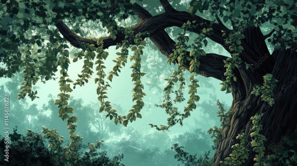 Poster vine plants gracefully draping from an ancient tree in a tranquil forest setting with ethereal light
