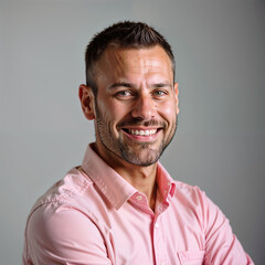 Obraz premium Portrait of a smiling man looking at the camera on gray background