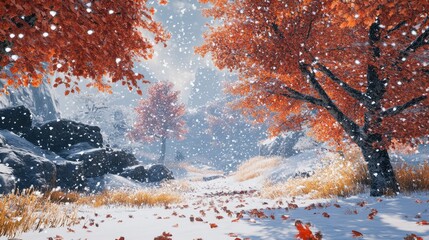 Fototapeta premium Serene winter landscape with falling snow in a colorful forest showcasing vibrant autumn leaves and tranquil natural scenery
