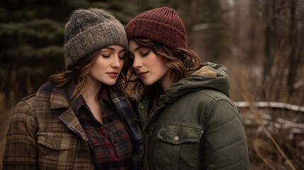 Fototapeta premium Two women in winter hats and jackets embrace in a forest.
