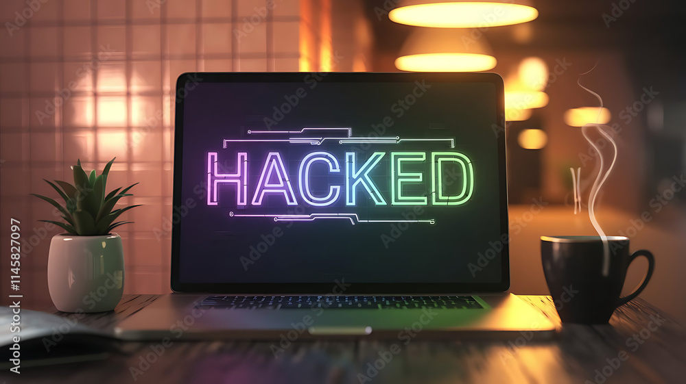 Poster cybersecurity hack, cyber attack warning with digital breach notification, laptop with hacking messa