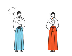 顔に手を当てて考える神社の神主と巫女