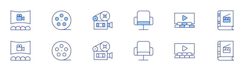 Cinema icon set in two styles, Duotone and Thin Line style. Editable stroke. seat, cinema, film reel, video camera