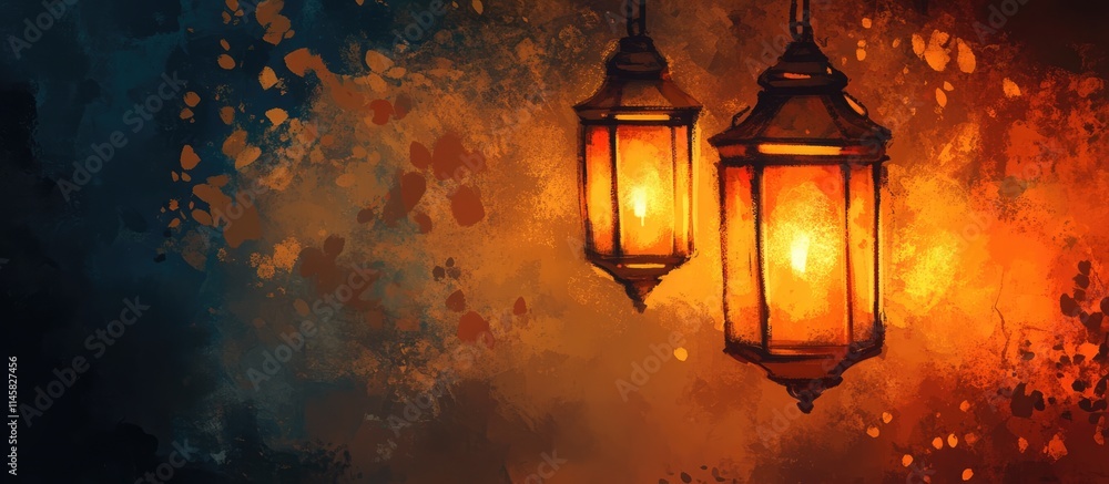 Aufkleber elegant orange lanterns glowing against a textured background creating a warm and inviting atmospher