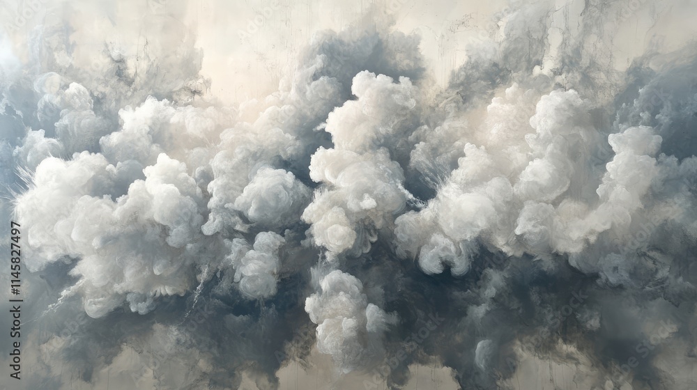 Poster dramatic formation of dense gray and white smoke clouds creating an artistic abstract background for