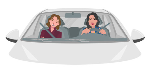 Vector of a beautiful woman drive a white car with a best friend