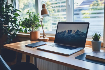 Fototapeta premium Home Office: Desk, Laptop, Plants, Minimalist Setup