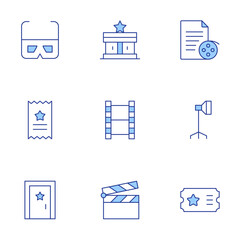 Cinema icons set. Line Duotone style, editable stroke. d glasses, cinema, door, film, light, scenario, ticket