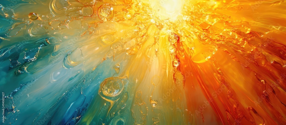 Poster vibrant abstract artwork depicting the luminous rays of the sun blending warm and cool color tones f