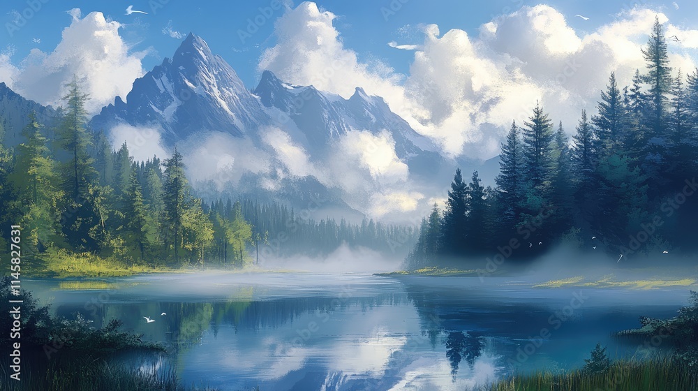 Poster serene mountain landscape with a tranquil lake surrounded by lush trees and misty clouds creating a 