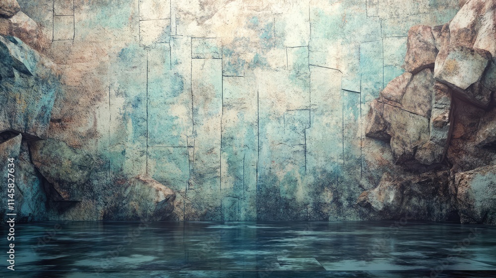 Poster textured wall with rocky elements and reflective water surface creating a serene and artistic backdr