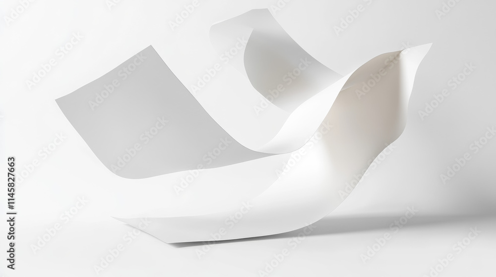 Poster flying paper sheet in different angles of view. realistic 3d vector illustration set of curve white 