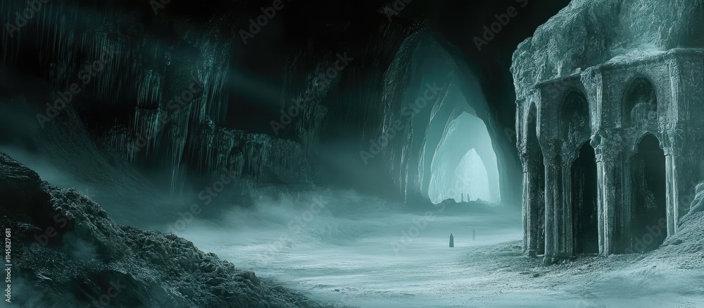 Poster mysterious illuminated stone cave with ethereal lighting and ancient architecture surrounded by mist