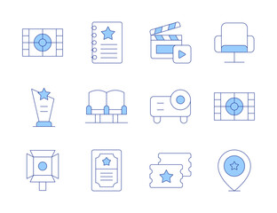 Cinema icons. Line Duotone style, editable stroke. clapperboard, movie, projector, spotlight, tickets, trophy, movie seat, script, ticket, seat, cinema