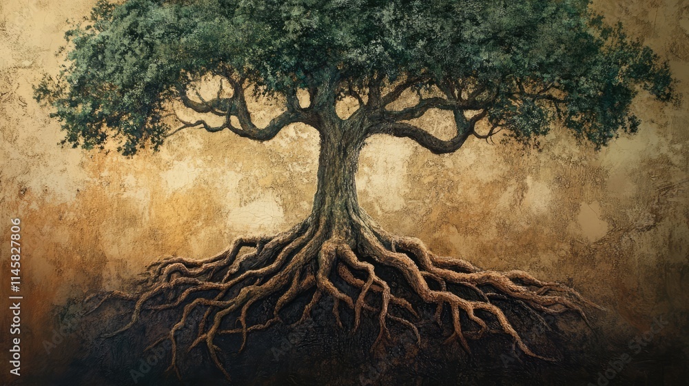 Poster ancient tree with sprawling roots and lush foliage set against a textured background symbolizing gro