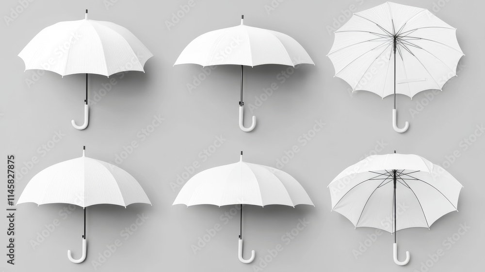 Poster white 3d isolated blank umbrella mockup vector. realistic parasol with handle mock up for branding a