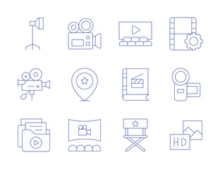 Cinema icons. Thin Line style, editable stroke. light, video camera, camera, cinema, director chair, hd, film reel, video files