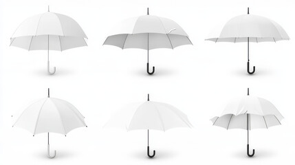 White 3d isolated blank umbrella mockup vector. Realistic parasol with handle mock up for branding and advertising set. Rain weather season fashion. Various waterproof open object front and top view
