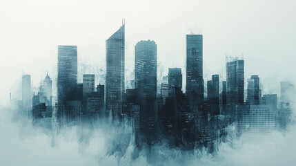 Fototapeta premium Cityscape Painting: Urban Skyline, Abstract Art, Blue Hues, Modern Architecture