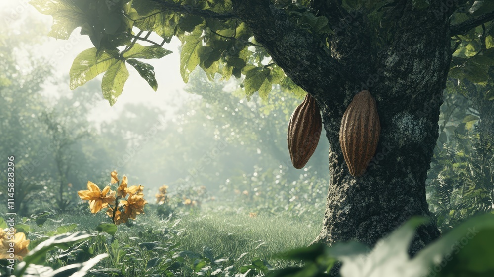 Poster cacao tree with ripe pods surrounded by lush greenery and soft sunlight in a tranquil farm setting