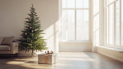 Fototapeta premium Christmas Tree, Present, Minimalist Living Room, Daylight, Festive