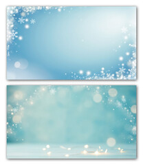 Christmas background with snowflakes. Set of festive banners, greeting card, invitation for Christmas and New Year. Stars, snowflakes, bokeh lights on a light blue background.